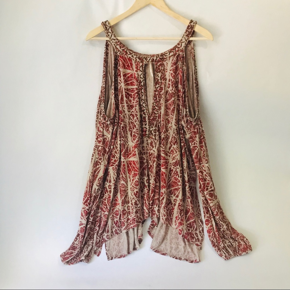 Free People Red Cold Shoulder Metal Top